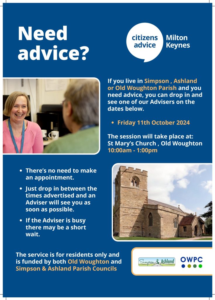 Poster advertising citizens advice session on 11th October.